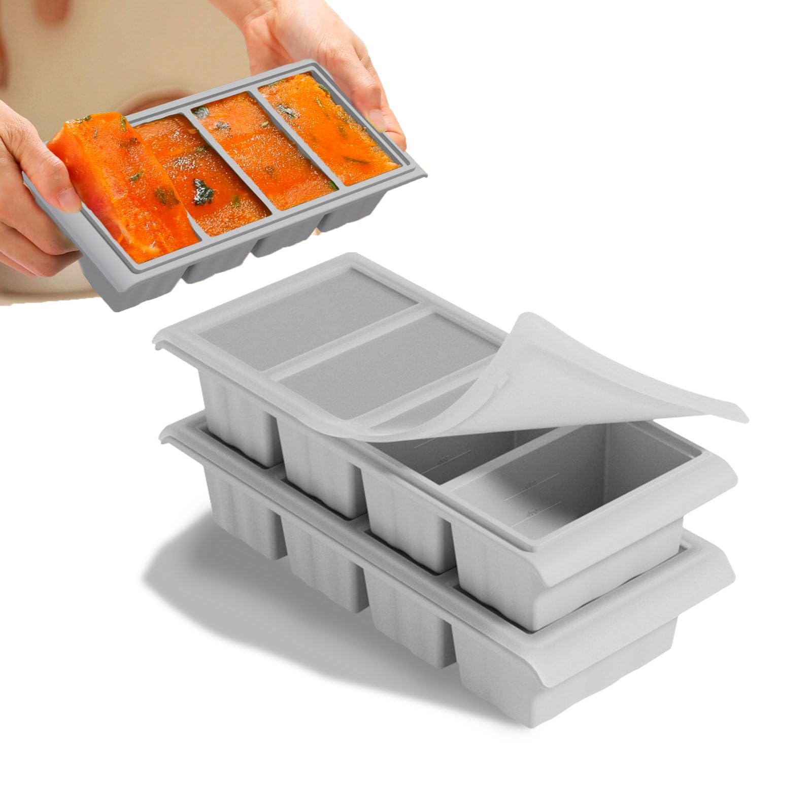 Extra große Silikon-Eiswürfelform mit Deckel, 2 Würfel, Gefrierformen, macht 8 perfekte Eiswürfel für 1 Tasse (grau) – ideal für Partys und Cocktails