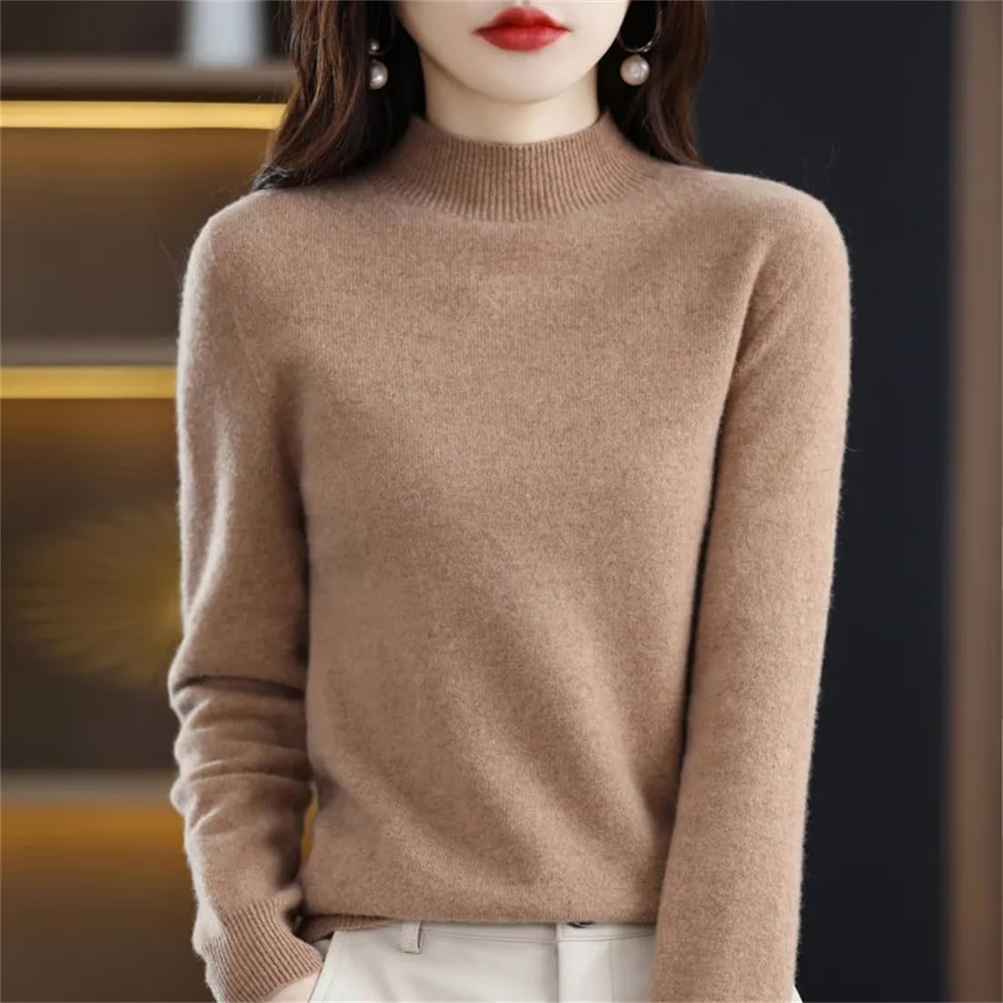 Suéter 100% De Lana para Mujer, Jersey De Cuello Medio Alto De Cachemira, Tops De Color Liso Salvaje