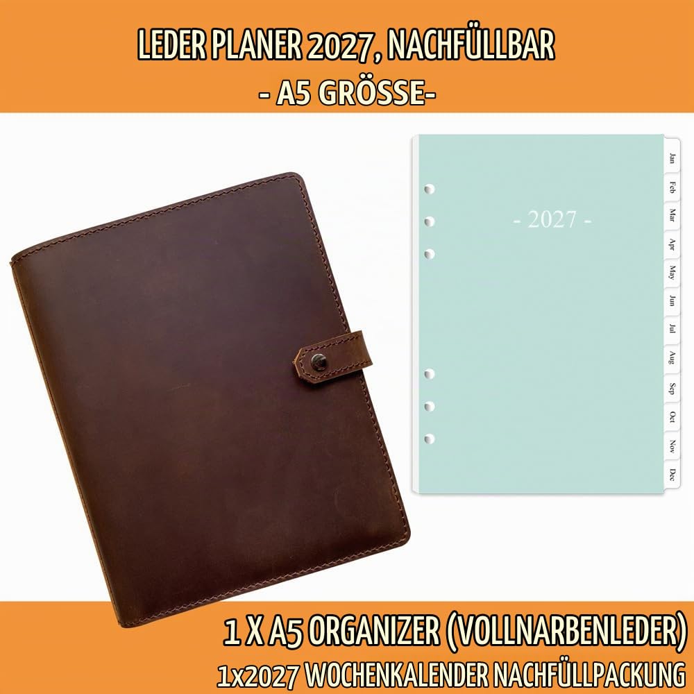 Lederplaner 2025-2026 - A5 Echtleder Binder Planer mit Wochen- & Monatsseiten für Damen und Herren, Innentaschen und Stifthalter, nachfüllbar