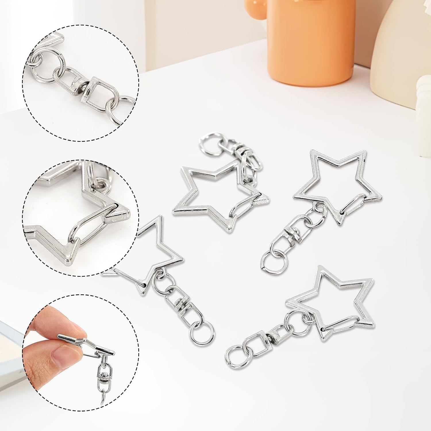 100 Pieces Star Keychain Clasp, Star Keychains, Metal Swivel Clasp Keychain Clip with Chain Hanging Buckle and Open Jump Ring for Jewelry Making Keychains DIY Crafts (Silver)