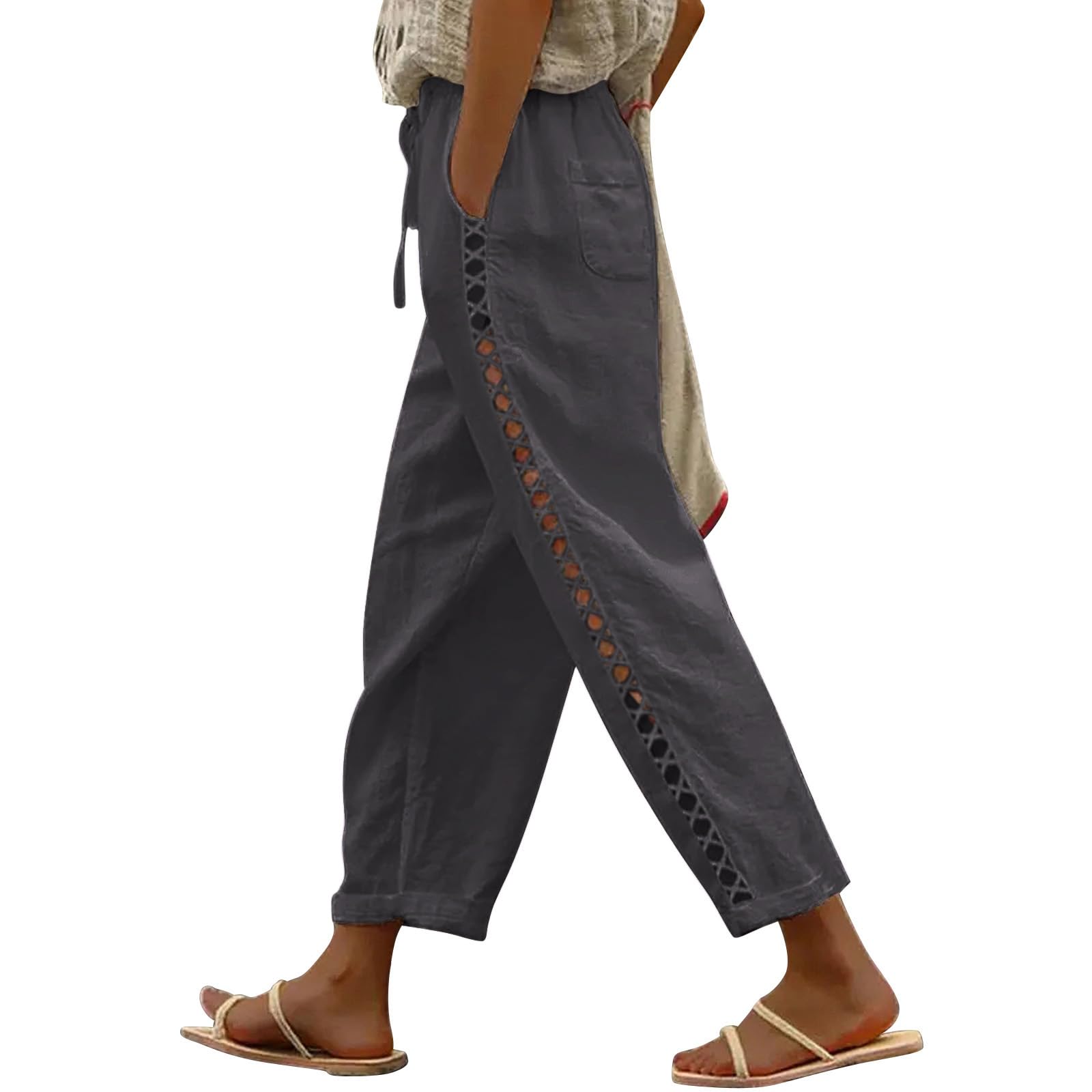 Puimentiua Womens Linen Capri Pants with Drawstring Petite Summer Beachwear Lightweight Elastic Waist Pants