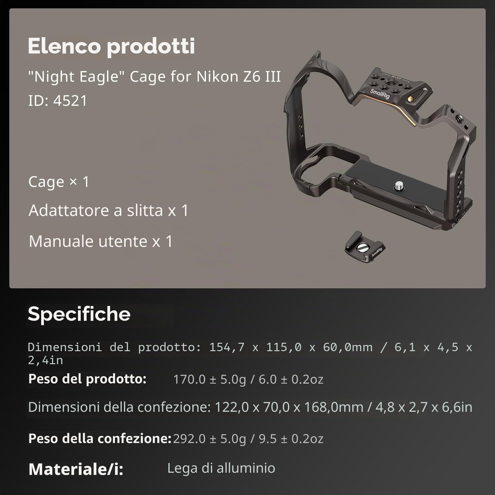 SMALLRIG "Night Eagle" Z6III Camera Cage per Nikon Z6 III, Gabbia Completa in Lega di Alluminio, con Piastra a Sgancio Rapido per Arca-Swiss e Attacco Cold Shoe per Microfono e Luce - 4521
