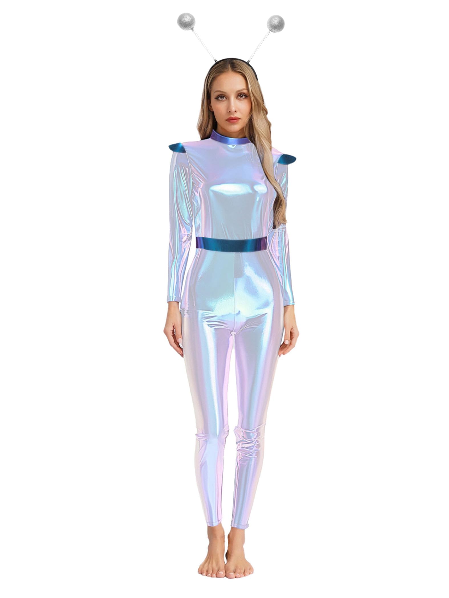 Yiesvsov Halloween Costumes for Women Alien Metallic Jumpsuit Long Sleeve Catsuit Funny Bodysuit 2 Pcs Set Shiny Silver 3XL