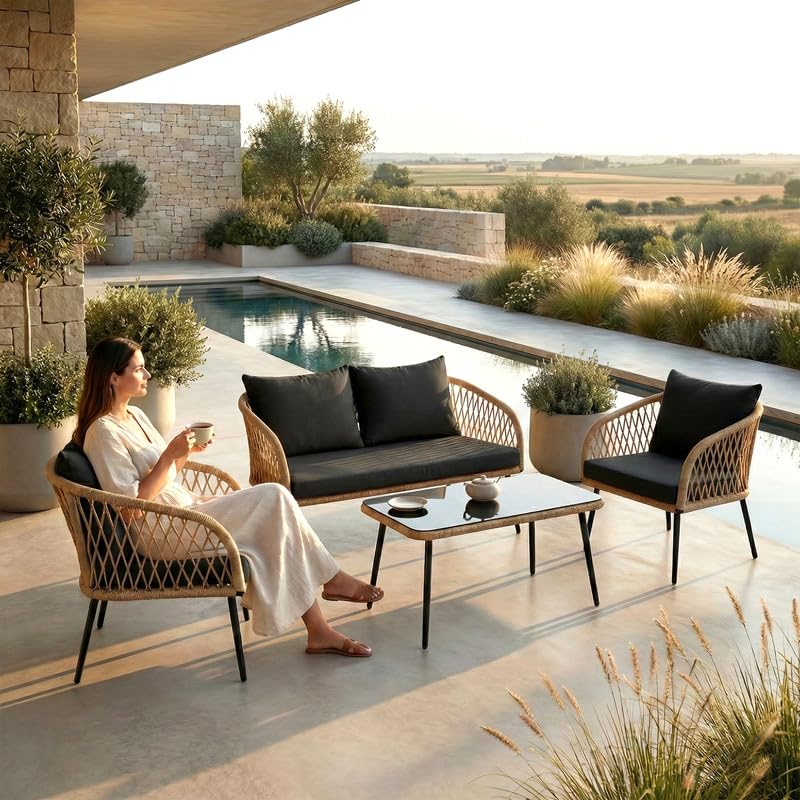 Image of OUTLIVING Braid Rope & Metal Frame Outdoor 4-Seater Sofa Set with Tempered Glass Top Center Table, Water-Repellent Cushions & Handwoven Design for Patio, Garden and Balcony (Beige and Black)