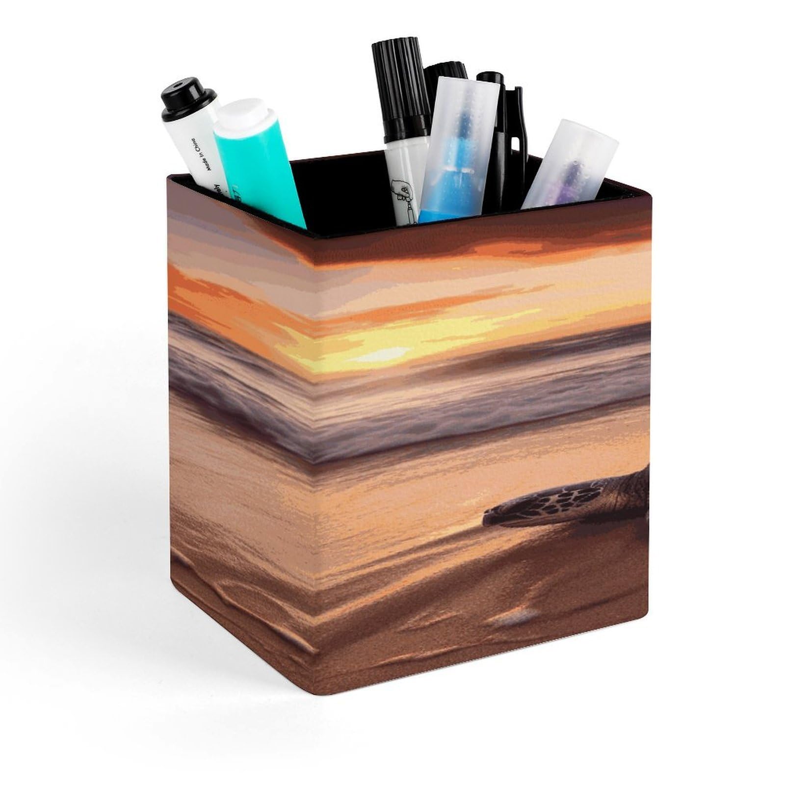 FekiLoot Sea Turtle Sunset Pencil Holder for Desk Square Leather Pen Holder Cup Desktop Organizer Multi-Functional Pencil Cup Holders Modern Decorative Desk Organizer Caddy Makeup Brush Holders