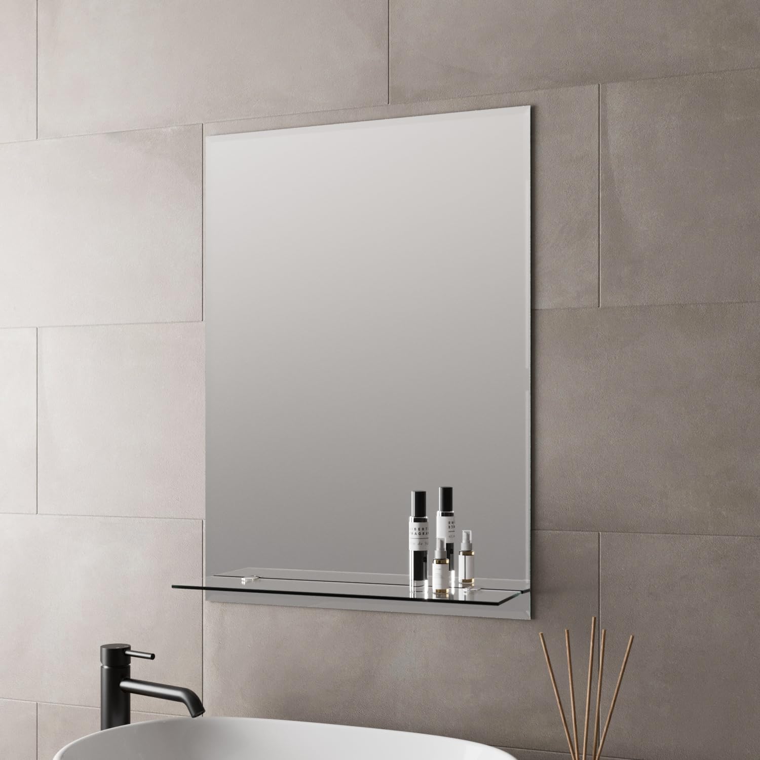Baystone Silver Baystone® 500 X 700Mm Bathroom Mirror With Shelf Bevelled Edge Wall Mounted Frameless Vanity Mirrors 4Mm Mirrored Glass, Rectangular