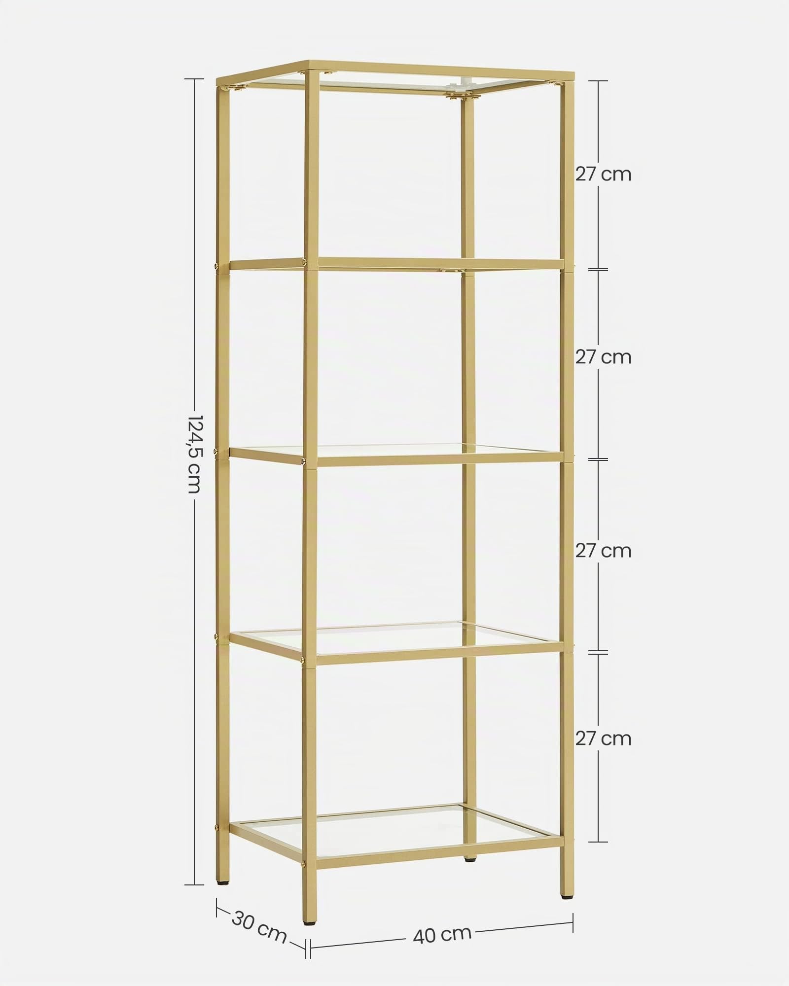 VASAGLE EstanterÍa de Cristal de 5 Niveles, LibrerÍa, Expositor, Cristal templado, FÁcil de Montar, para BaÑo, SalÓn, Dormitorio, Oficina, Dorado LGT029A01