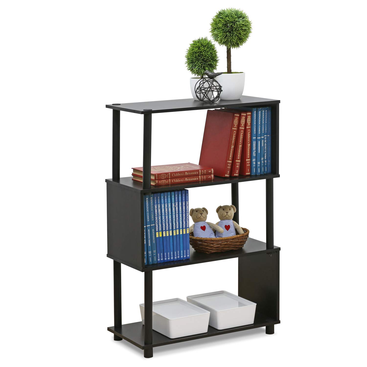 Furinno FLEXI Geometric Storage Shelf, 4-Tier Book Shelf, Toolless Open Shelves, for Organization and Storage, Living Room, Garage, Home Office, Espresso