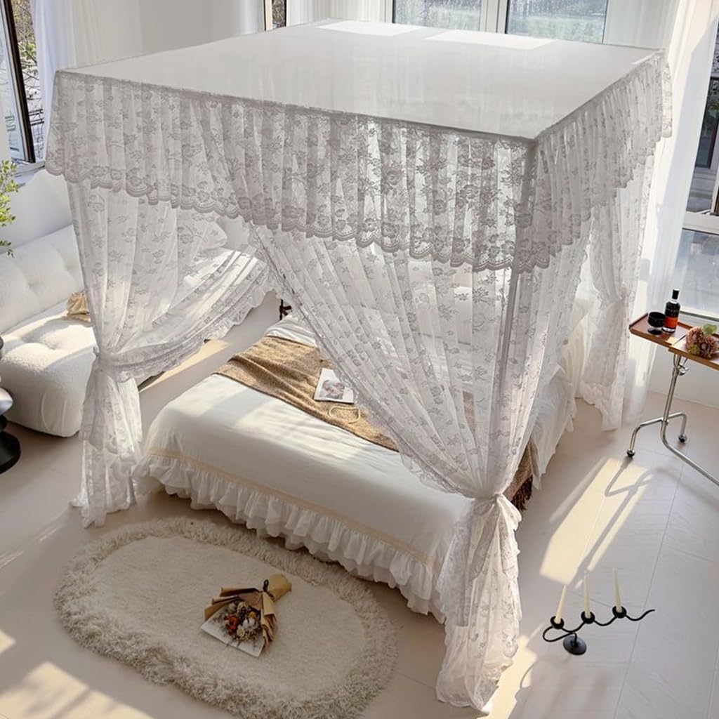 Elegant Lace Princess 4 Corner Post Mosquito Net Romantic Flowers for Girls Women Full/Queen Size Bed Curtain Canopy for Wedding Bedroom Kids Rooms Decoration (White, King)