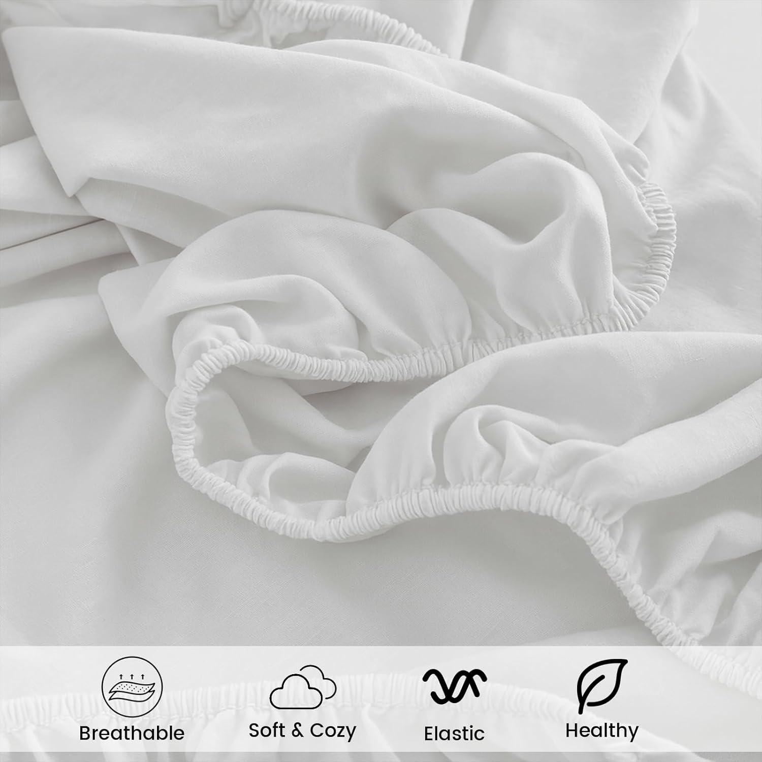 Simple&Opulence Linen Fitted Sheet Deep Pocket (1 Piece), Fits Mattresses up to 16" Flax Cotton Blended, Breathable, 360° Full Wraparound, Soft & Cozy Bedding - White, King Size