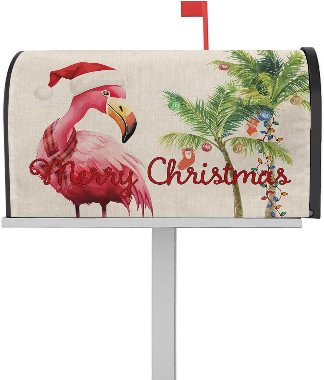 Merry Christmas Magnetic Mailbox Cover, Tropical Flamingo Palm Tree Mailbox Wraps Post Box Cover Garden Yard Outdoor Decor Standard Size 18x21 Inch