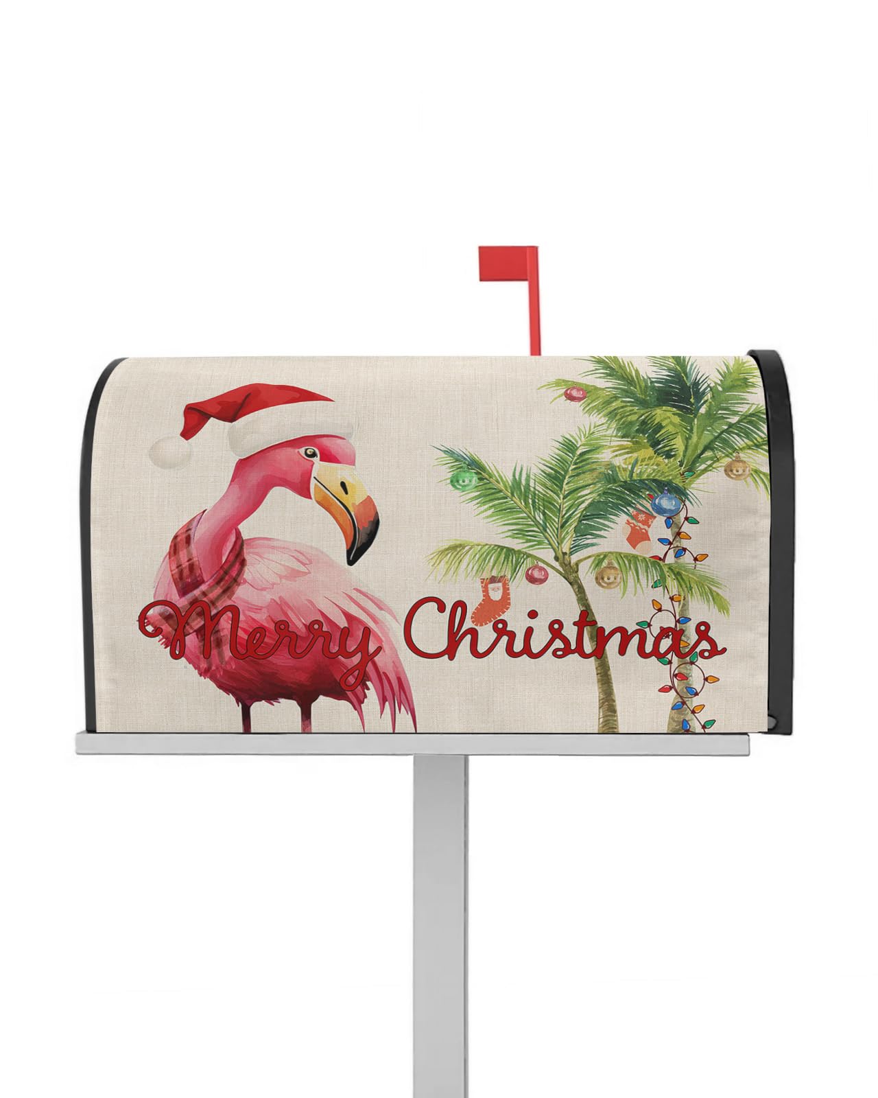 EwdeWwo Merry Christmas Magnetic Mailbox Cover, Tropical Flamingo Palm Tree Mailbox Wraps Post Box Cover Garden Yard Outdoor Decor Standard Size 18x21 Inch