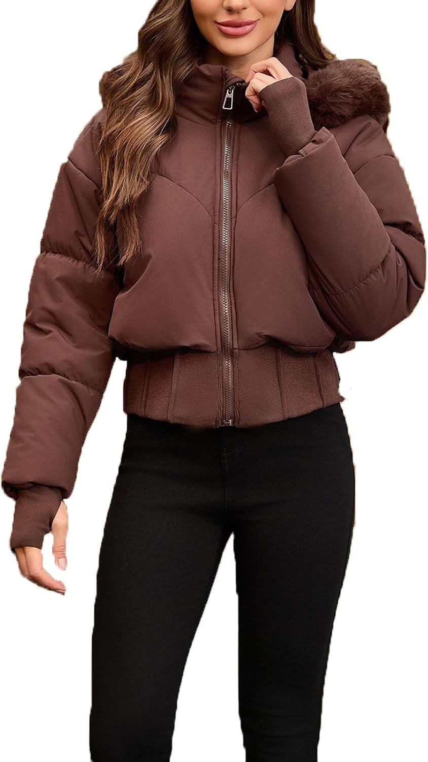 Faux Fur Hooded Puffer Jackets for Ladies, Cropped Puffer Jacket, Fashion Winter Clothing, Quilted Padded Coat