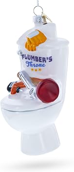 Fix It Plumber Throne with Plunger and Wrench Glass Christmas Ornament