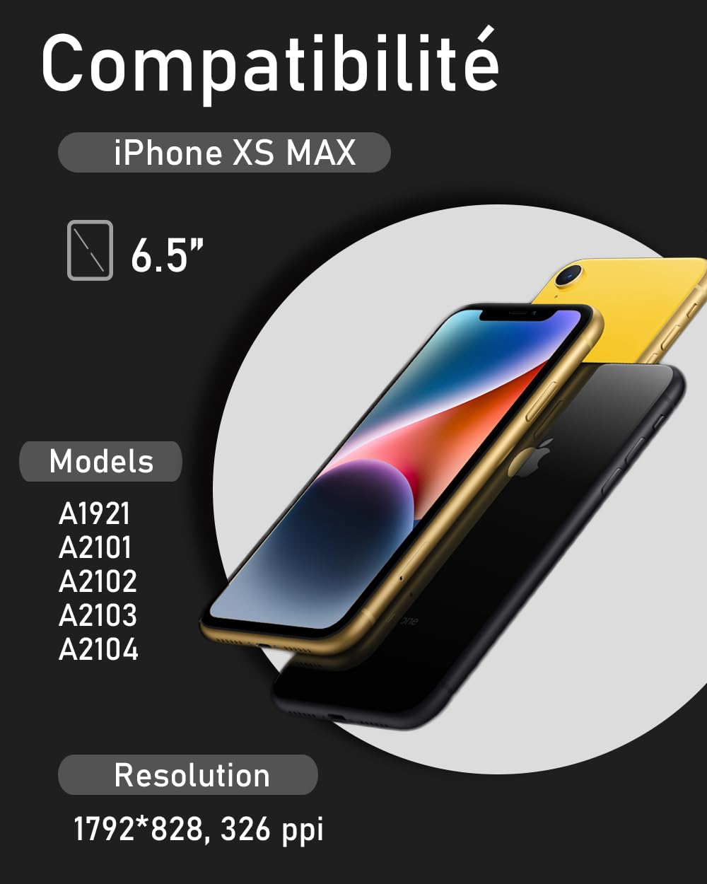 bokman Écran pour iPhone XS Max (6,5"), Écran LCD de Rechange et Numériseur Tactile avec Kit d'Outils de Réparation, Remplacement Vitre Avant (Modèles A1921, A2101, A2102, A2103, A2104)