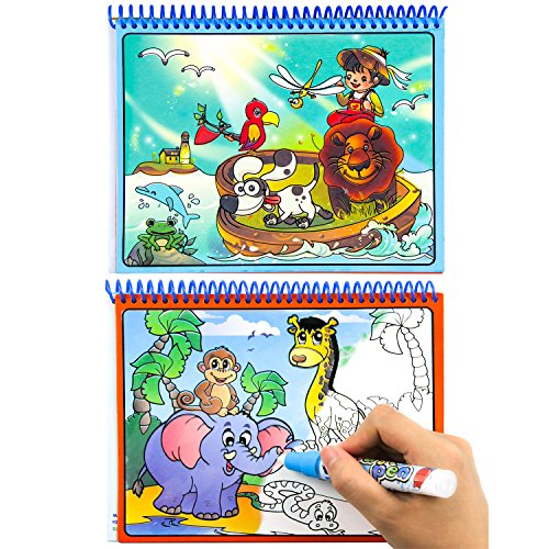 Markbetter 2-pk Reusable Water-Reveal Book Set with Gift Box Water Coloring Activity Pads Aqua Drawing Painting Toy Travel Activity Kit with Bonus Pens for Kids (Zoo&Dinosaur) - Thumbnail 2
