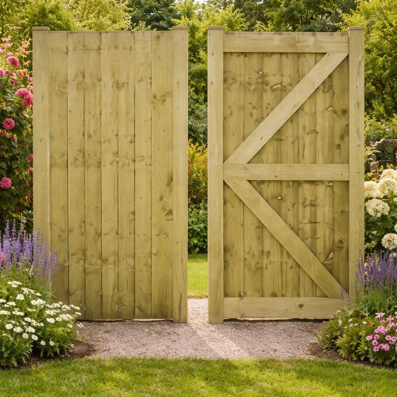 – Wooden Featheredge Garden Gate Pedestrian Gate Wooden Pressure Treated 6ft 180cmgates, (180cm High x 60cm Wide x 6cm Deep)