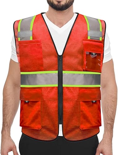 Miniatura 7 de HYCOPROT Chalecos de seguridad reflectantes de malla de alta visibilidad con bolsillos y cremallera, cumple con las normas ANSIISEA