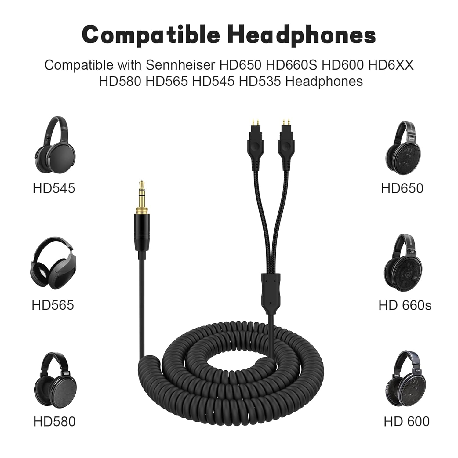 Replacement HD600 Cable Coiled Audio Cord Compatible with Sennheiser HD600 HD650 HD580 HD660S HD6XX HD565 HD545 HD535, 3.5mm 1/8" Plug & 6.35mm 1/4" Adapter 6.5FT to 19FT Long