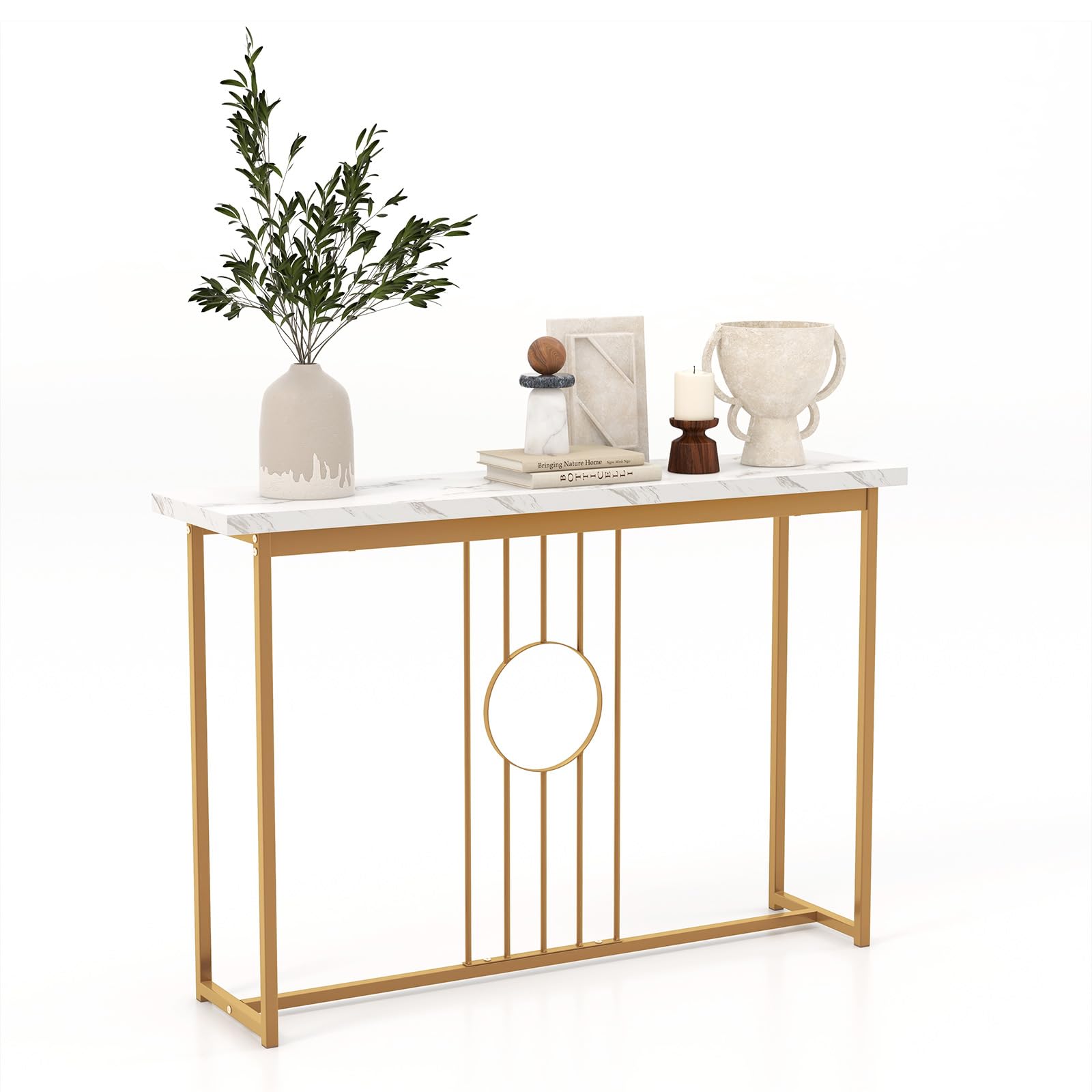 COSTWAY Tavolo Consolle 120CM, Tavolo Moderno con Piano Effetto Marmo, Struttura in Metallo Robusto e Piedini Regolabili, Tavolino da Divano per Soggiorno, Corridoio e Ingresso
