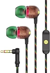 Marley House of Smile Jamaica Auricolari Inear con Microfono, Driver 9mm Design ad Isolamento Acustico, Nero/Legno/Verde