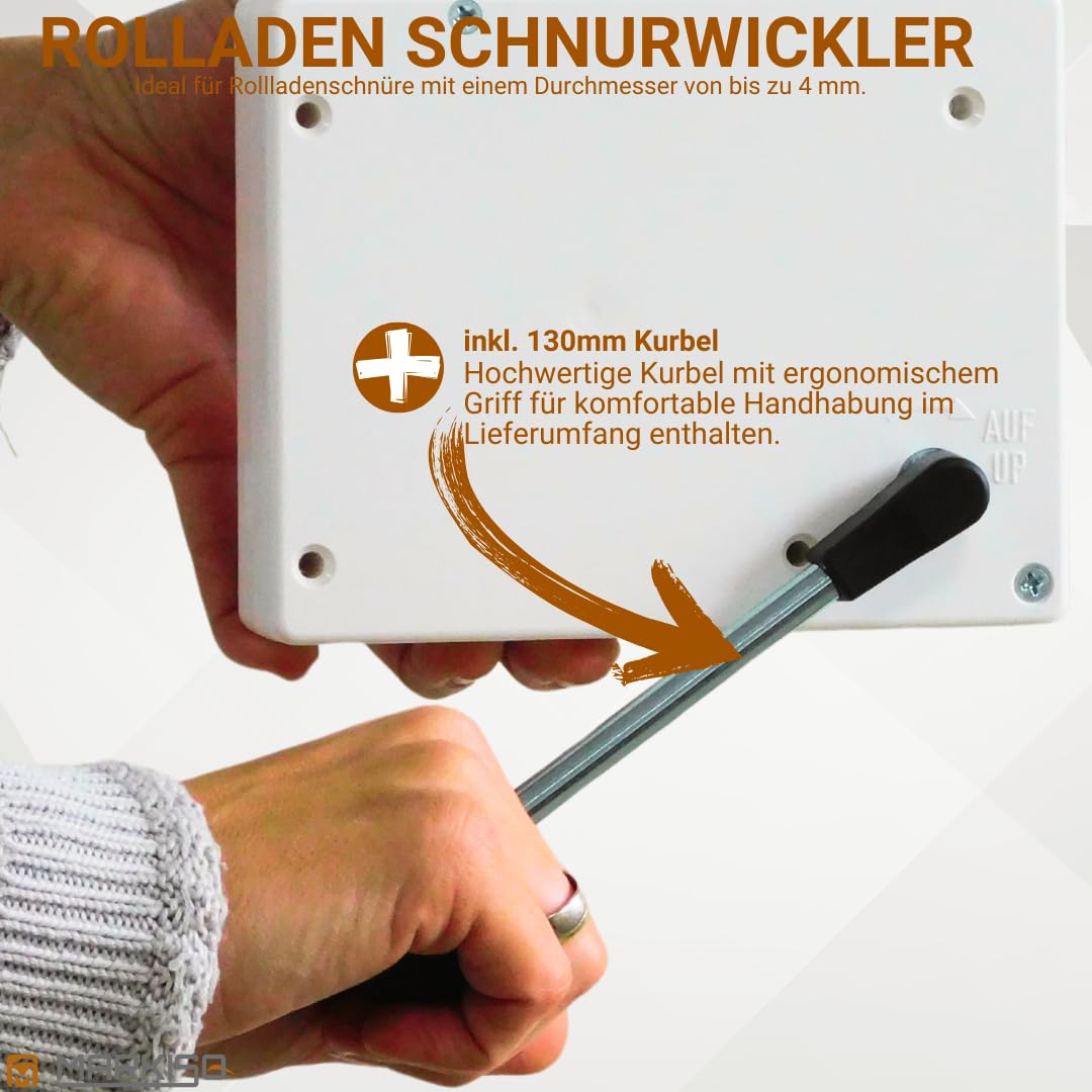 markiso® Getriebewickler mit Kurbel [Made in Germany] Rolladen Schnurwickler für Schnüre bis 4 mm Ø und 5 m Länge, langlebig, leicht zu montieren, inkl. Kurbel & Befestigungsmaterial
