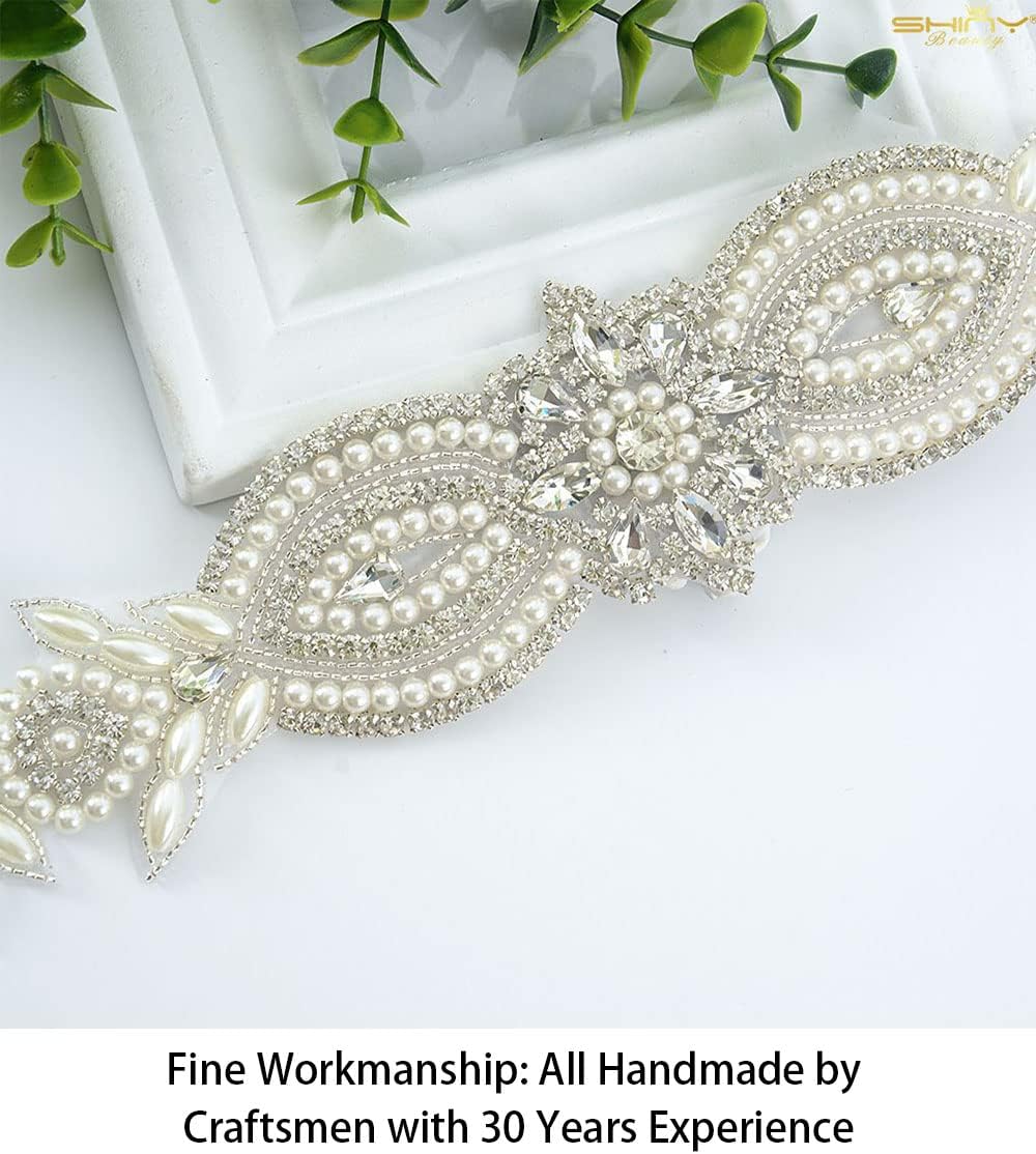 ShiDianYi Wedding Belt Applique Bridal Belt Rhinestone Applique Silver Wedding Dress Sash Belt Applique Crystal Rhinestone Off White Pearls…