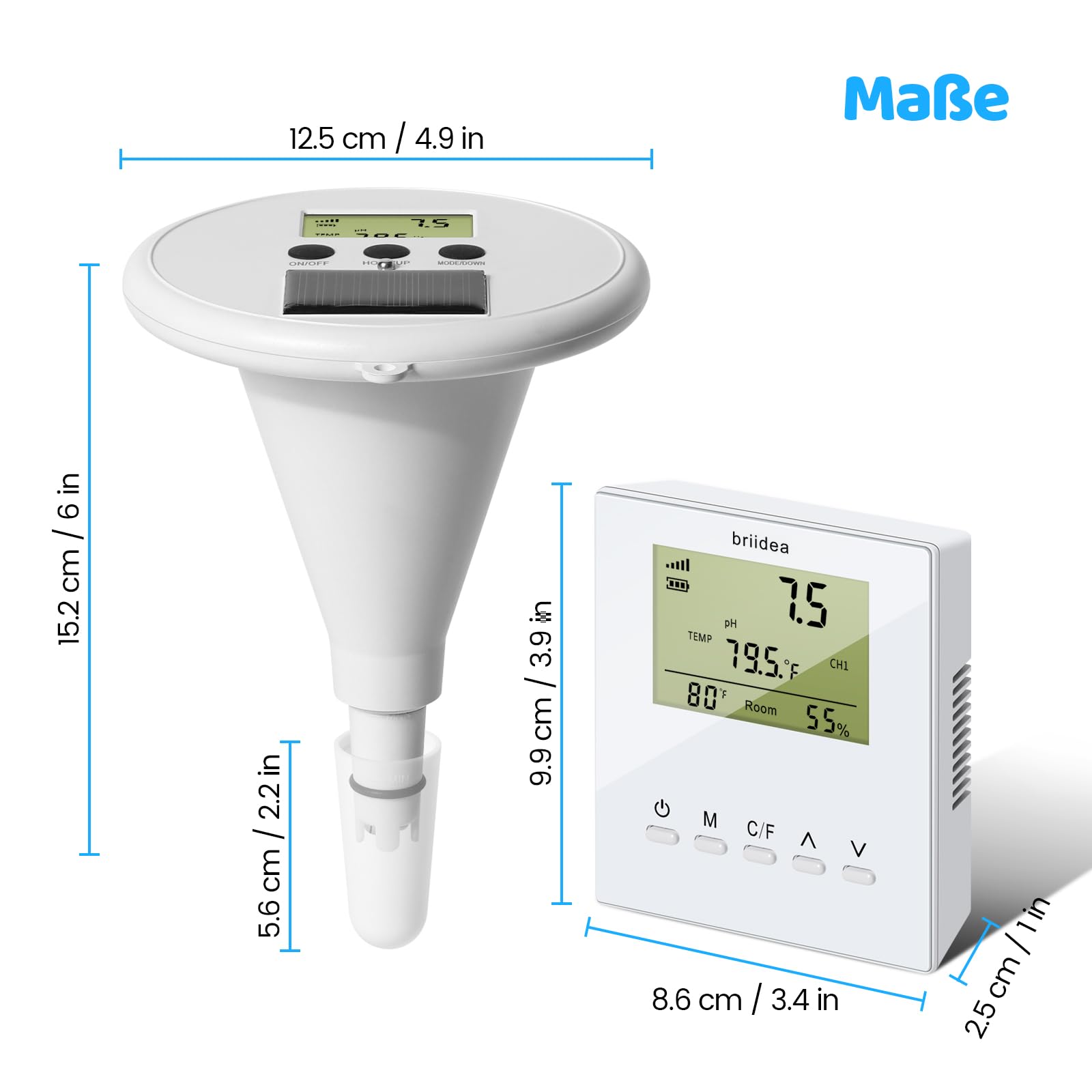 briidea Kabelloses Digitales Schwimmbad-Wasserprüfgerät Mit Zwei Displays & Hochpräziser Elektrode Zur Messung Von Temperatur, pH, EC, TDS Für Alle Pools, Whirlpools Und Spas