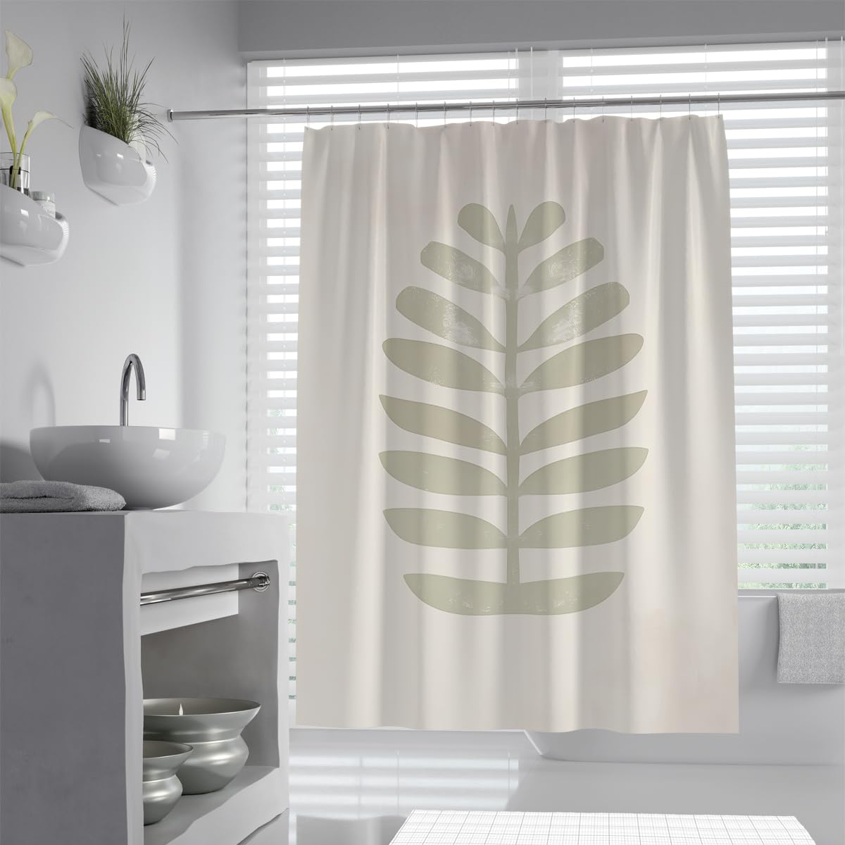 UIRINGART Nordic Shower Curtains W150xL180cm Minimalist Beige Sage Green Feather Leaf Fern Foliage Print Mildew Mould Resistant Fabric Bathroom Wet Room Tub