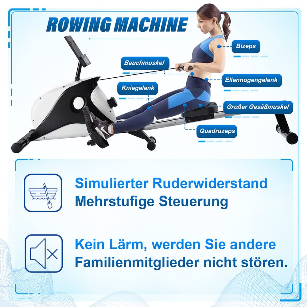 Vogatore Domestico Regolabile per La Casa,Vogatore Magnetico,8 Livelli di Resistenza,con Monitor LCD Silent Rower,Doppi Scivoli in Alluminio,Fino A 110Kg,Fitness Attrezzi Casa.