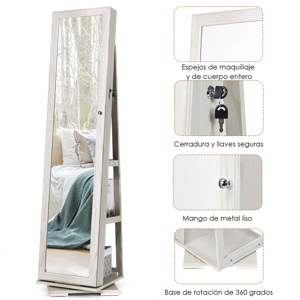COSTWAY Armario Joyero con Espejo y Estante Escalera Giratorio Cerradura Organizador (blanco)