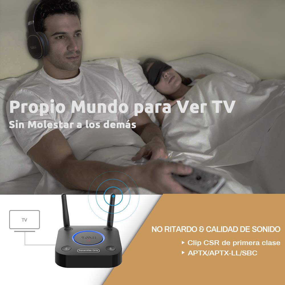 1Mii Trasmettitore Bluetooth 5.2 per TV a 2 Cuffie Bluetooth, Adattatore Audio Wireless TV con Controllo Volume, Ingresso Ottico, Coassiale, AUX, RCA, AptX Bassa Latenza, Lungo Raggio 60m