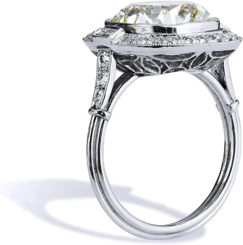 SilverDia 5 Ct Cushion Cut Diamond Art Deco Vintage Style Pave Wedding Band Striking Bezel Set Engagement Ring For Women 14K White Gold Plated 925 Sterling Silver Handmade Customized Gorgeous Ring