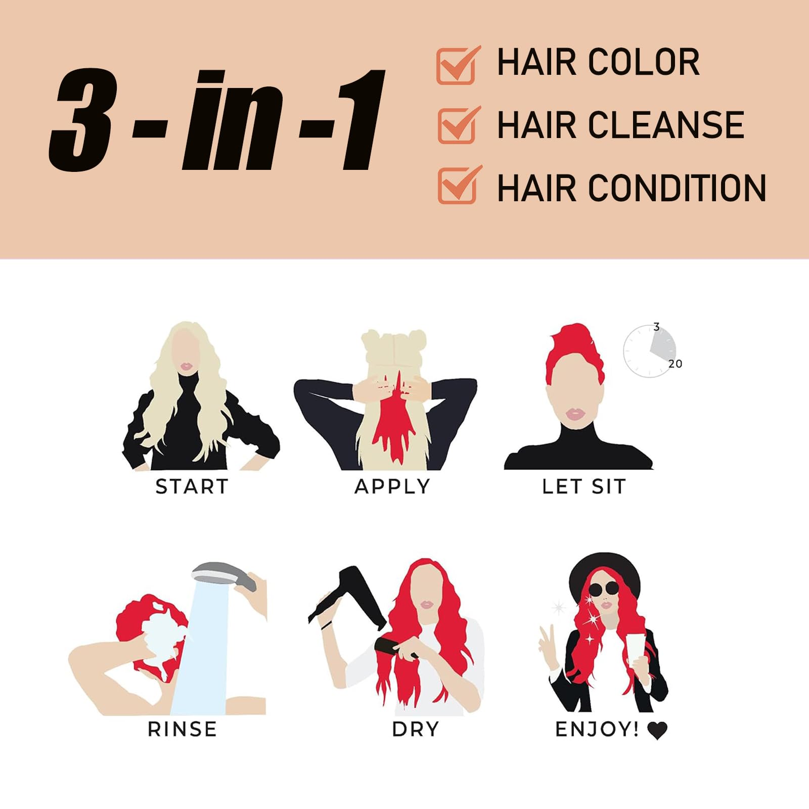 Instant Herbal Red Hair Color Shampoo - 3 in 1 Long-Lasting Hair Dye for Women and Men, 16.90 Fl Oz (Red Wine)