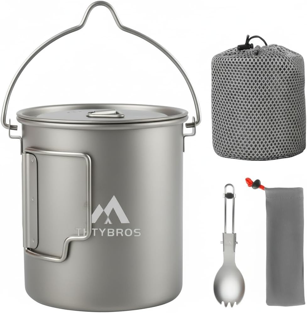 THTYBROS Titanium 750ml Pot with Titanium Spork, Ourdoor Solo Camping Mug, Hanging Cup Spork Kits