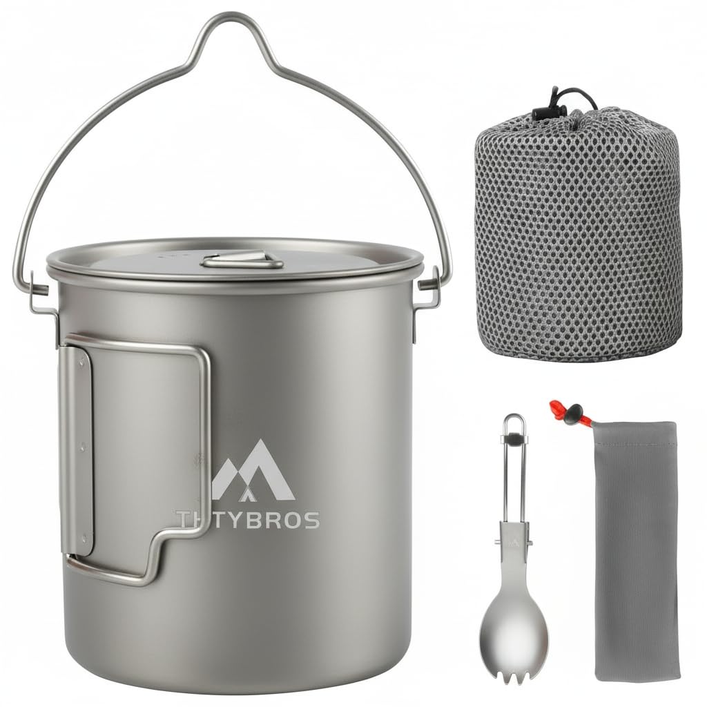 Titanium 750ml Pot with Titanium Spork, Ourdoor Solo Camping Mug, Hanging Cup Spork Kits