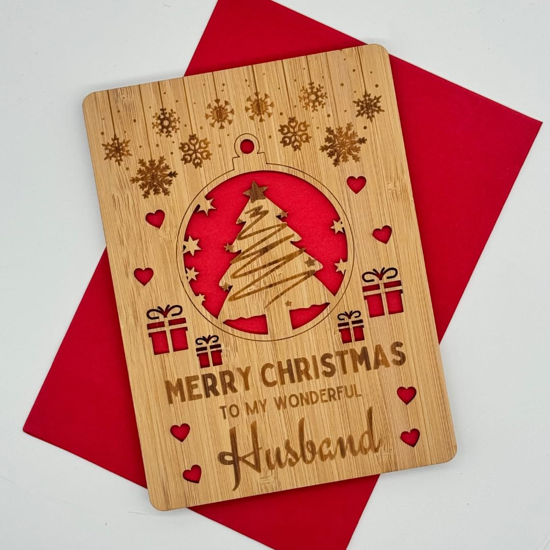 Second Ave Bamboo Wooden Husband Laser Engraved Keepsake Christmas Xmas Holiday Festive Greetings Card, red, 15.2 x 11.1 cm - Image 2