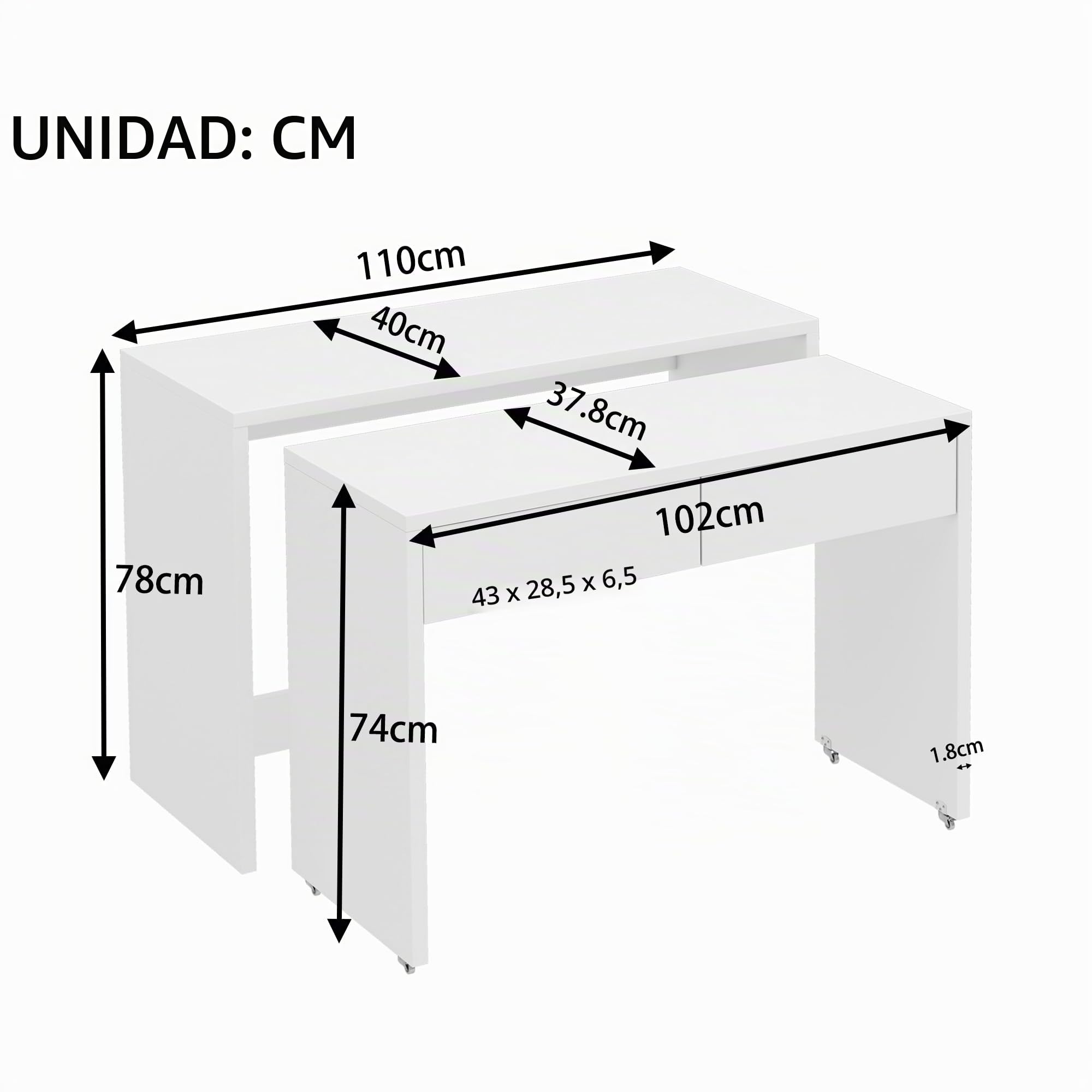 Escritorio plegable, escritorio con cajones, escritorio de esquina, aparador, escritorio de estantería, escritorio compacto 2 en 1, extensible, ruedas equipadas, 110 × 40 × 78 cm (blanco)