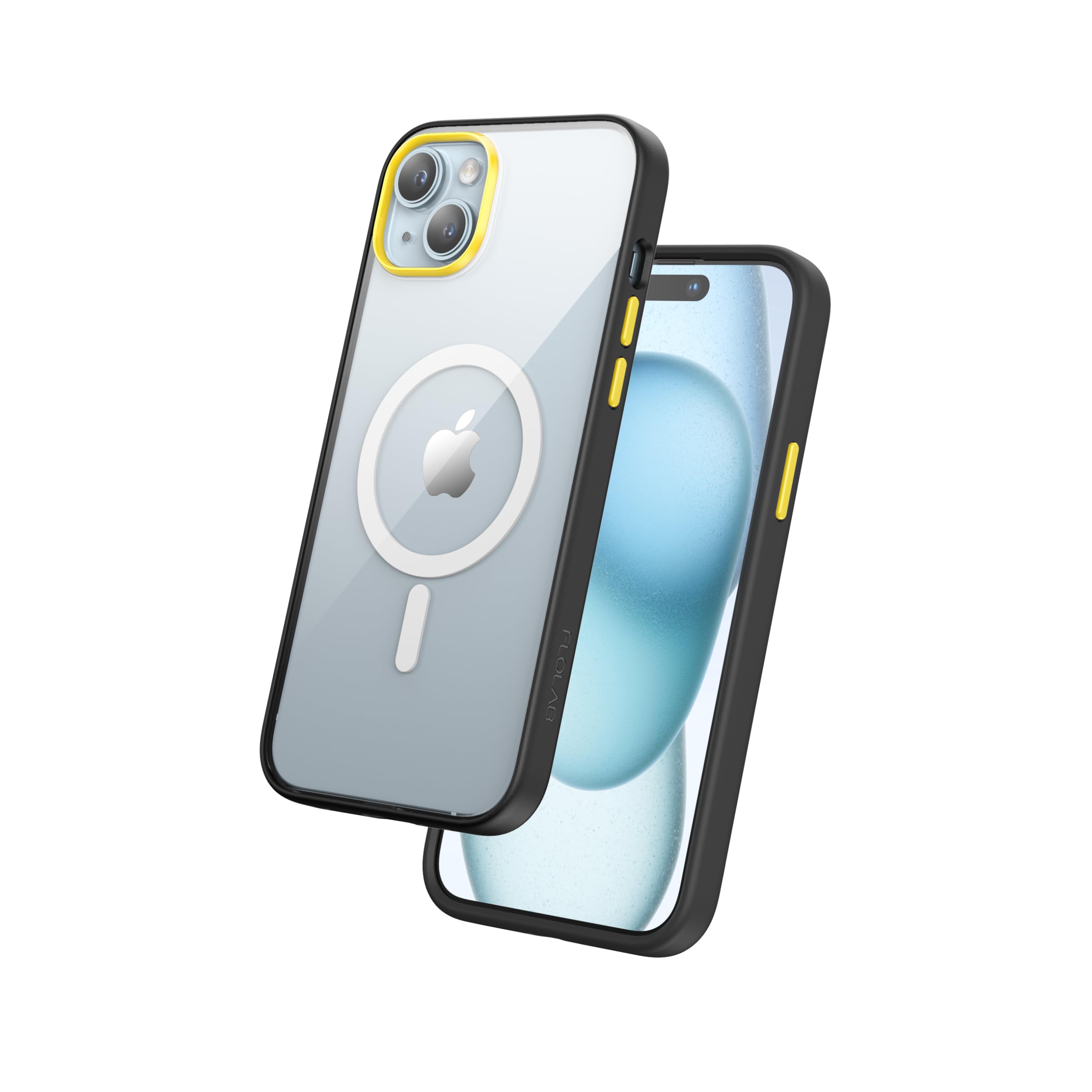 FLOLAB Surtect Tri-Fusion Magnetic for iPhone 15 Phone Case Protective Slim Design Magsafe Compatible Military Grade Black Frame Clear - Cyber Yellow