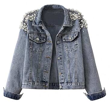 LifeShe Women's Denim Jacket With Pearls Cropped Jean Jacket