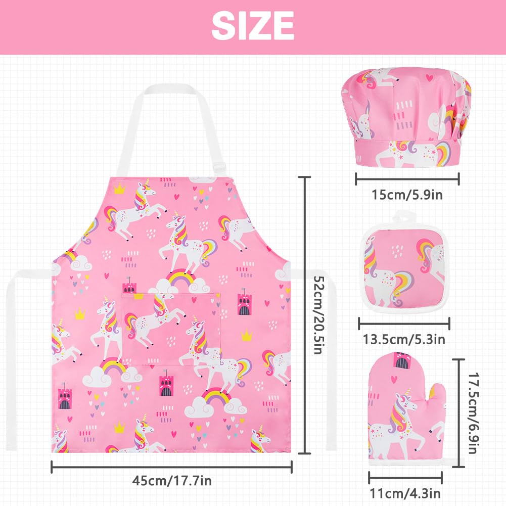 ABOHU Kids Apron and Chef Hat Set, Children Apron Adjustable with Pocket, Including Oven Gloves and Heat Protection Pad - Image 2