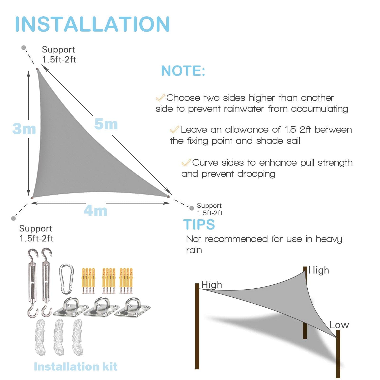 Sunal Sonnensegel Dreieckig 3x4x5m mit Befestigung Set,PES Polyester Wasserdicht,inkl Befestigungsseile,Für Sonnenschutz auf Balkonen,Gärten und Terrassen,Grau