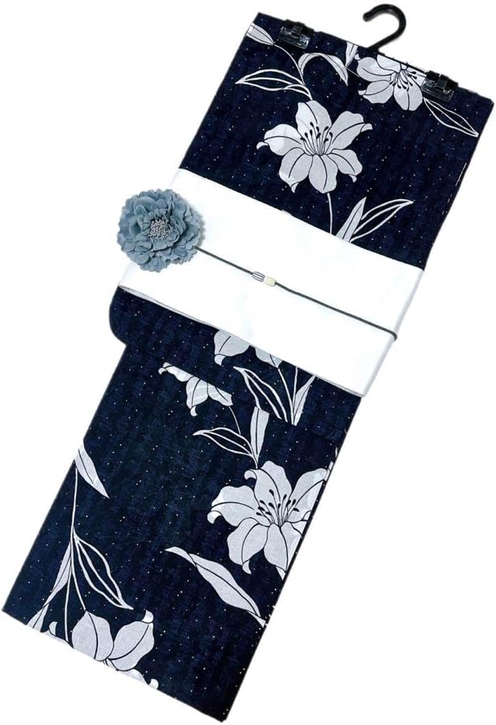 浴衣ジェンヌ 浴衣5点セット 百合 濃紺 紺 黒 ゆかた 半幅帯 浴衣