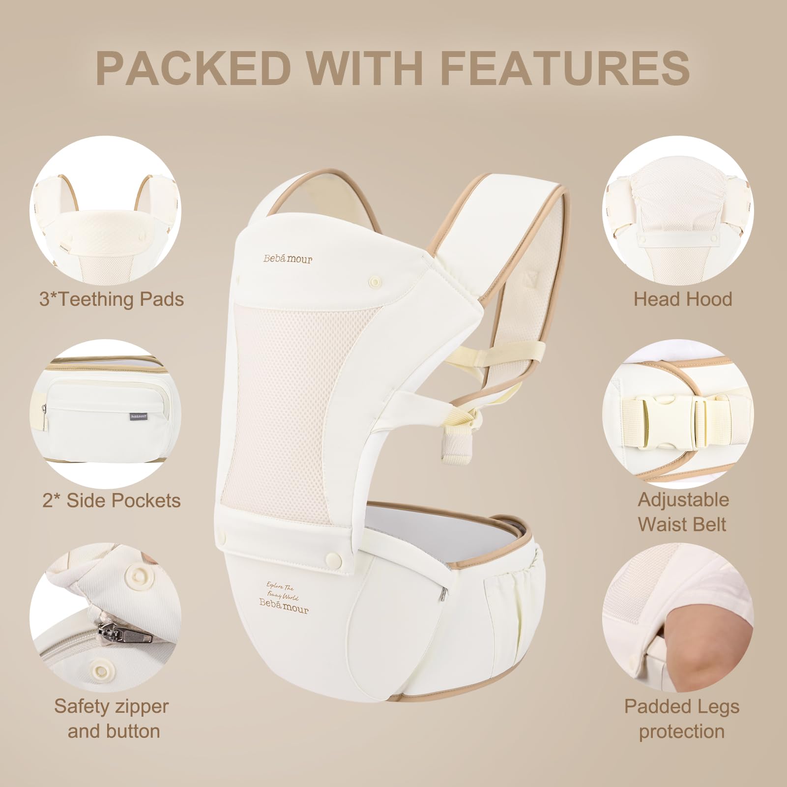 Bebear Marsupio,Bebamour Marsupio per 0-36 mesi, marsupio traspirante da neonato a bambino, approvato dagli standard di sicurezza, seggiolino ergonomico 6 in 1 anteriore,Cotton Beige