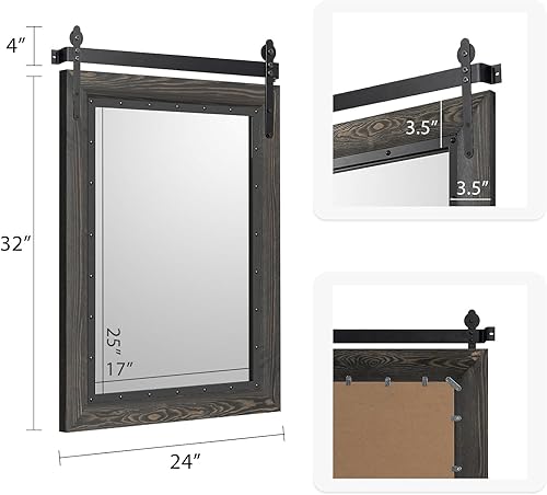 Miniatura 5 de YOSHOOT Espejo rústico para puerta de granero, espejo de baño rústico de 32 x 24 pulgadas, espejo de pared con marco de madera, espejo de madera