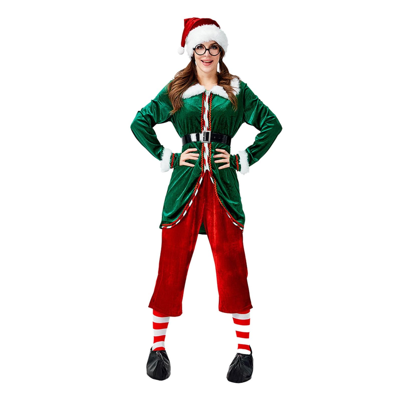 Générique Costume De Lutin Noël Pour Femme Et Homme Deguisement Noel Vêtements D'Elfe Fête Costumes Vert Robe Soirée Velours Fourrure Ensemble Chapeau Chemise Pantalon