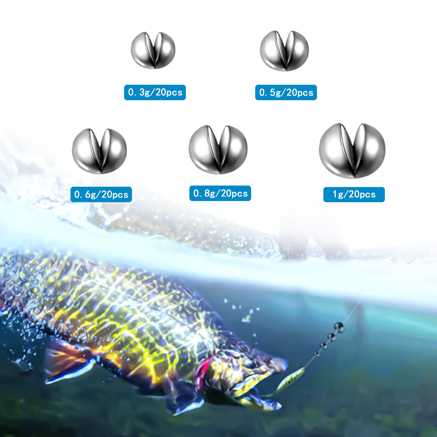 LUXUU – 100 Plombs De Pêche Non Toxiques, 5 Tailles (0,3g à 1g), Boîte De Rangement, Pour Truite Et Pêche Fine