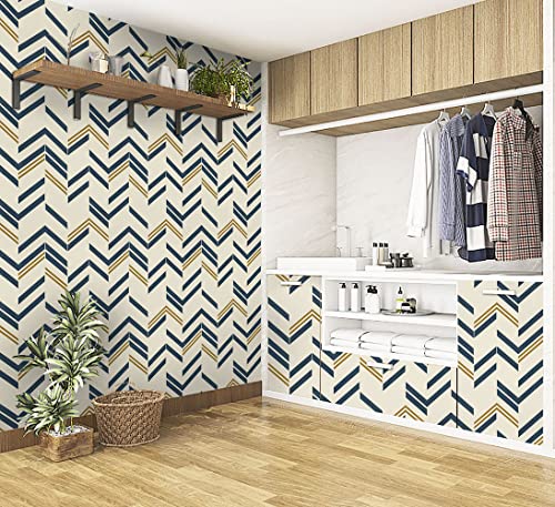 Timeet Peel And Stick Wallpaper Blue Gold Contact Paper Geometric Stripe Wallpaper Self Adhesive Removable Wallpaper For Bedroom Living Room Wall Covering 17.7In X 78.7In #TOP7
