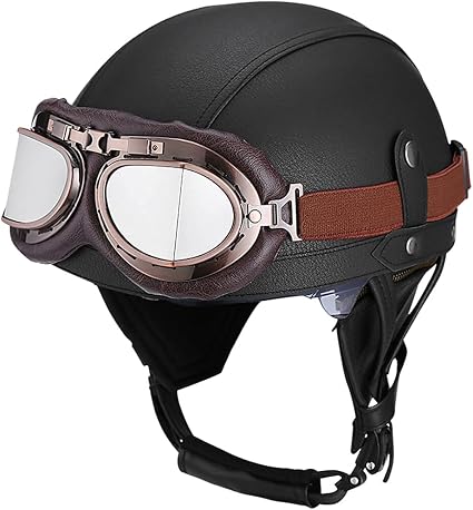 TYYCKJ Caschi Moto in Pelle PU per Uomo e Donna Mezza Casco retrò con  Occhiali da Pilota Vintage Caschi Aperti Approvati DOT per Cruiser Street  Jet Scooter Ciclomotore ATV (53-62 cm) :