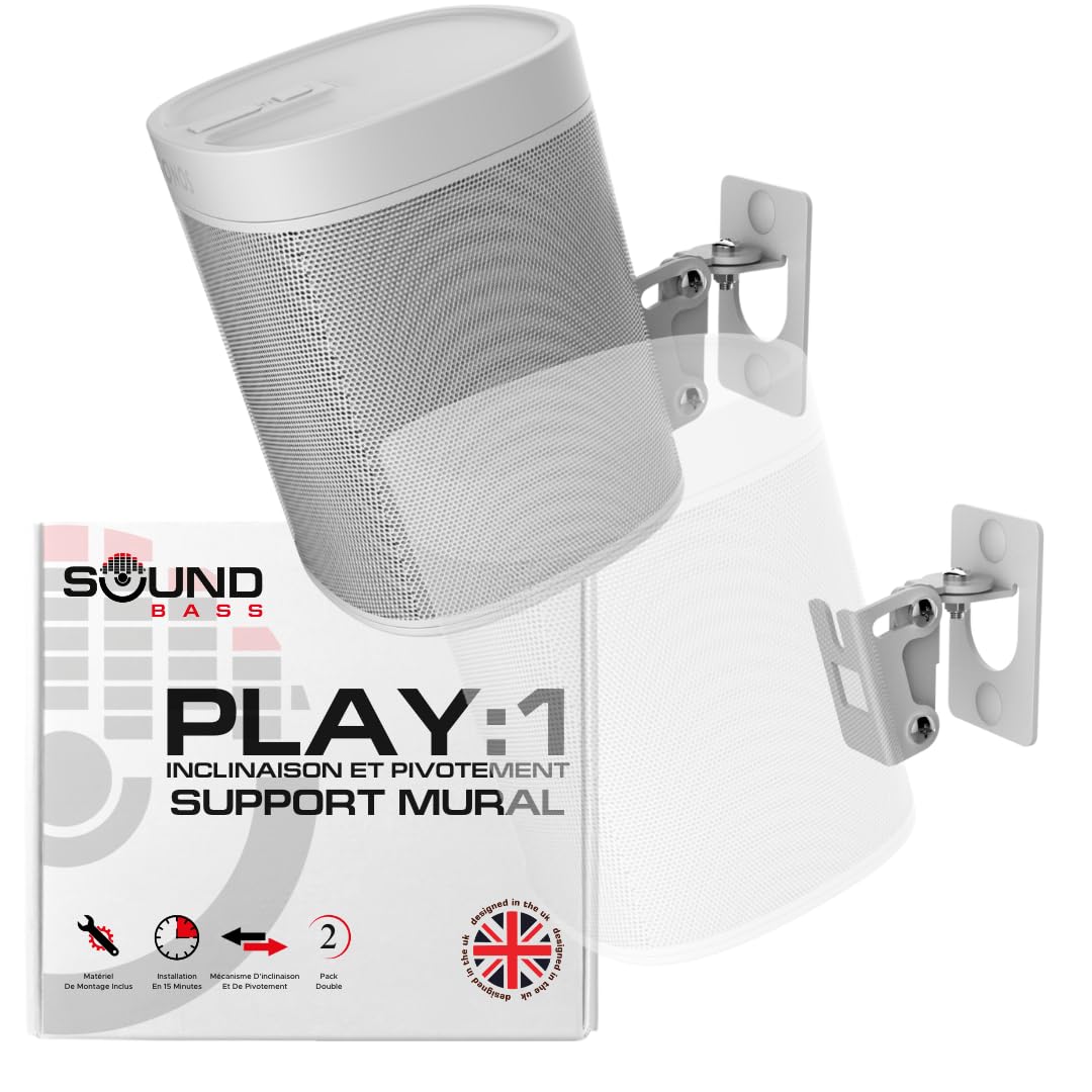 Play 1 Paire de Supports muraux Blanc compatibles avec Sonos Play:1 Uniquement, Lot de 2, mécanisme de pivotement et d'inclinaison réglable, 2 Supports de Montage Comprenant Toutes Les Fixations